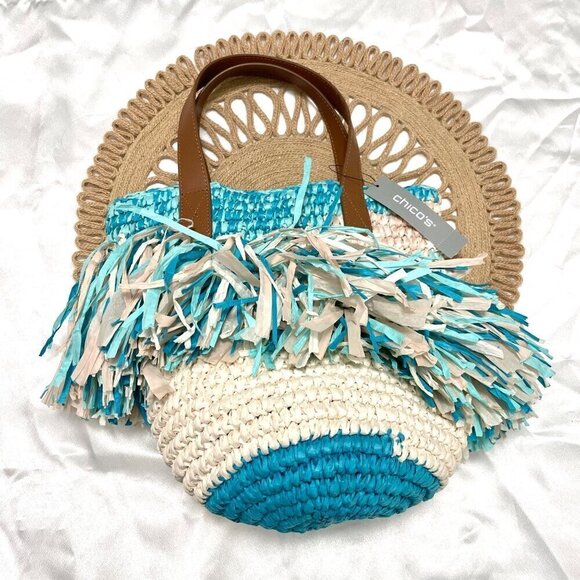 NWT Chico’s Multi Fringe Neutral Turquoise Tote Bag - Picture 2 of 11
